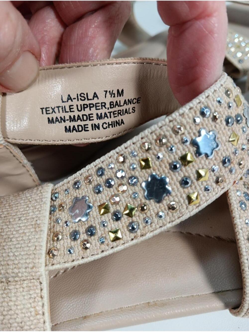 Laura Ashley Sandals Beige Wedge With Metal And Gemstone Trim Size 7.5